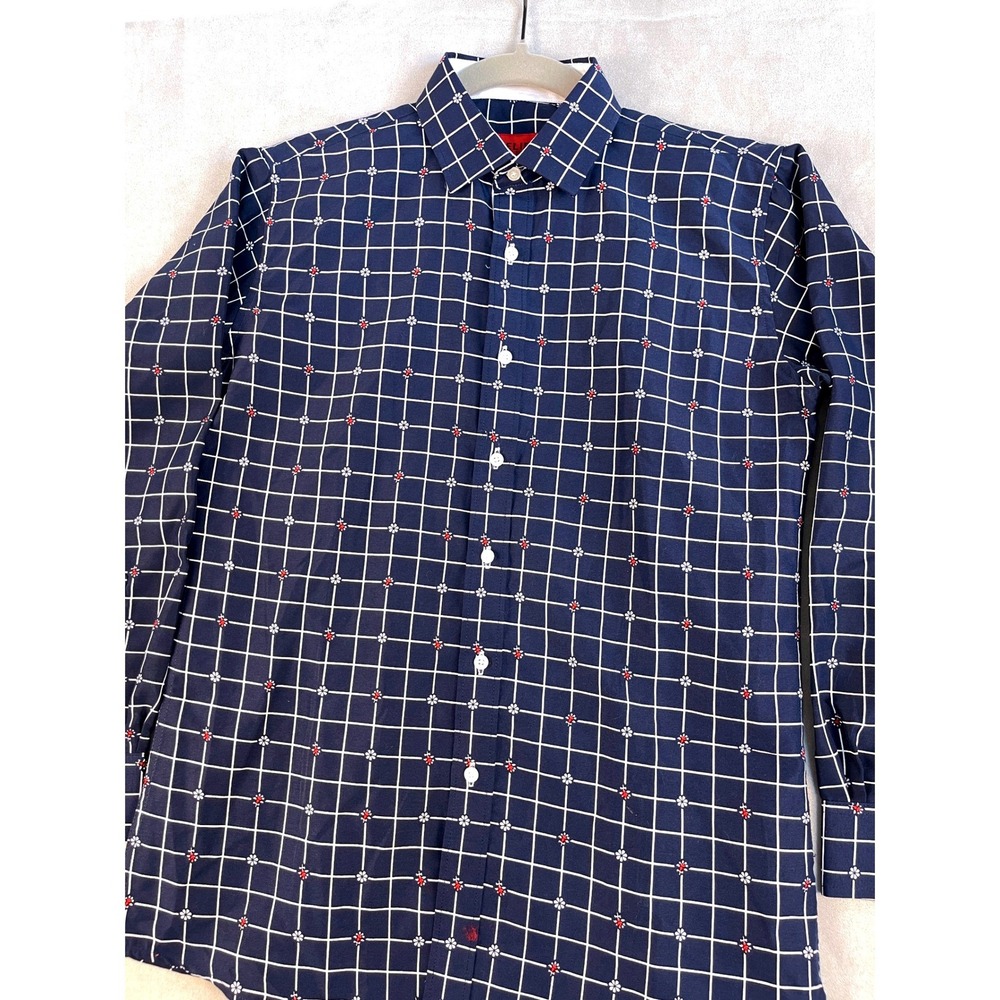 Elie Balleh Milano Italy Navy Blue Grid Floral Button Down Shirt Size 16 Youth - Picture 3 of 8